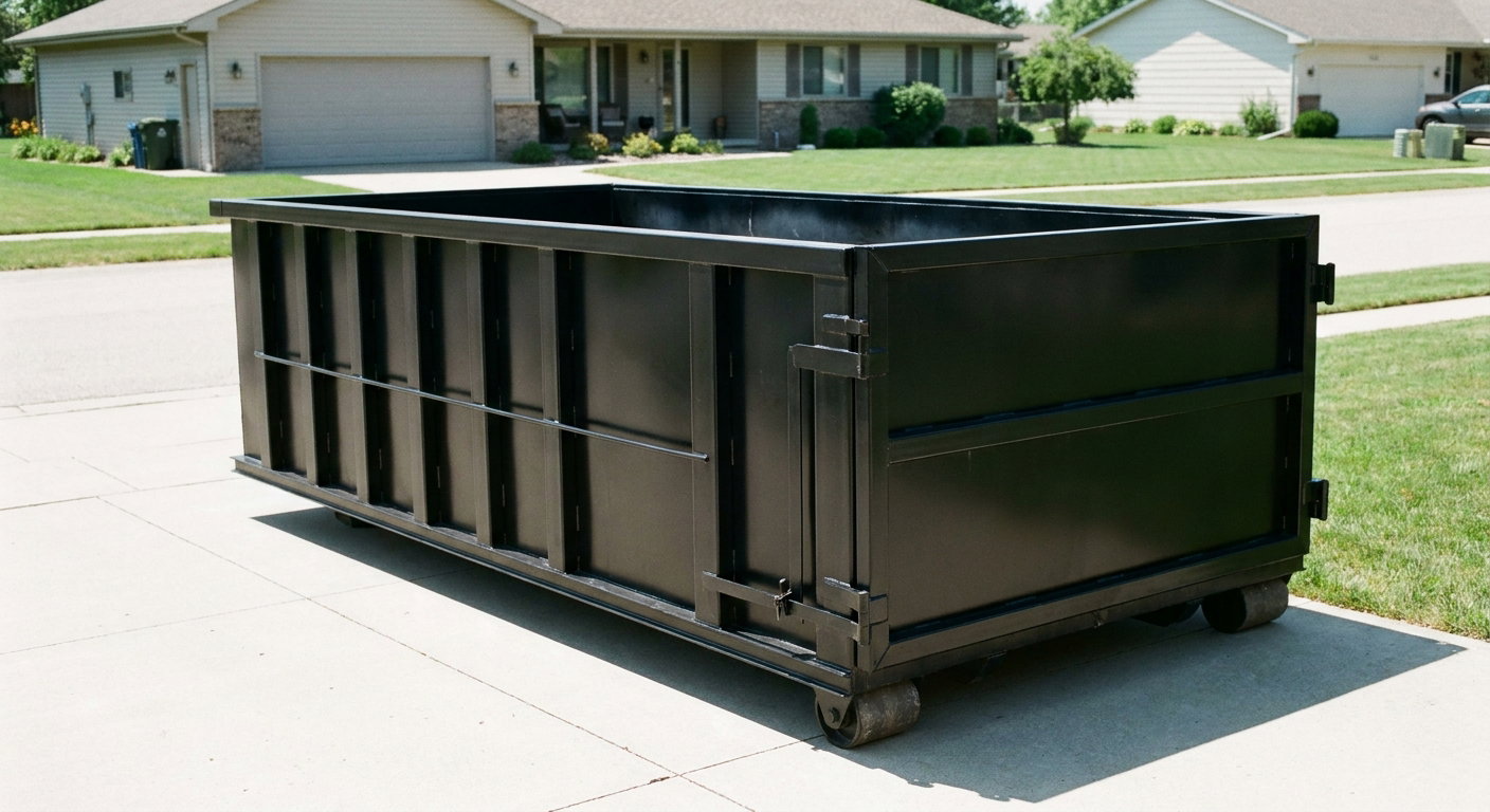 Matte-black 10-yard roll-off dumpster on a residential concrete driveway in San Marcos, uniformly painted matte black across every panel and rail, ribbed steel sidewalls and rear swing door visible, mid-day daylight.