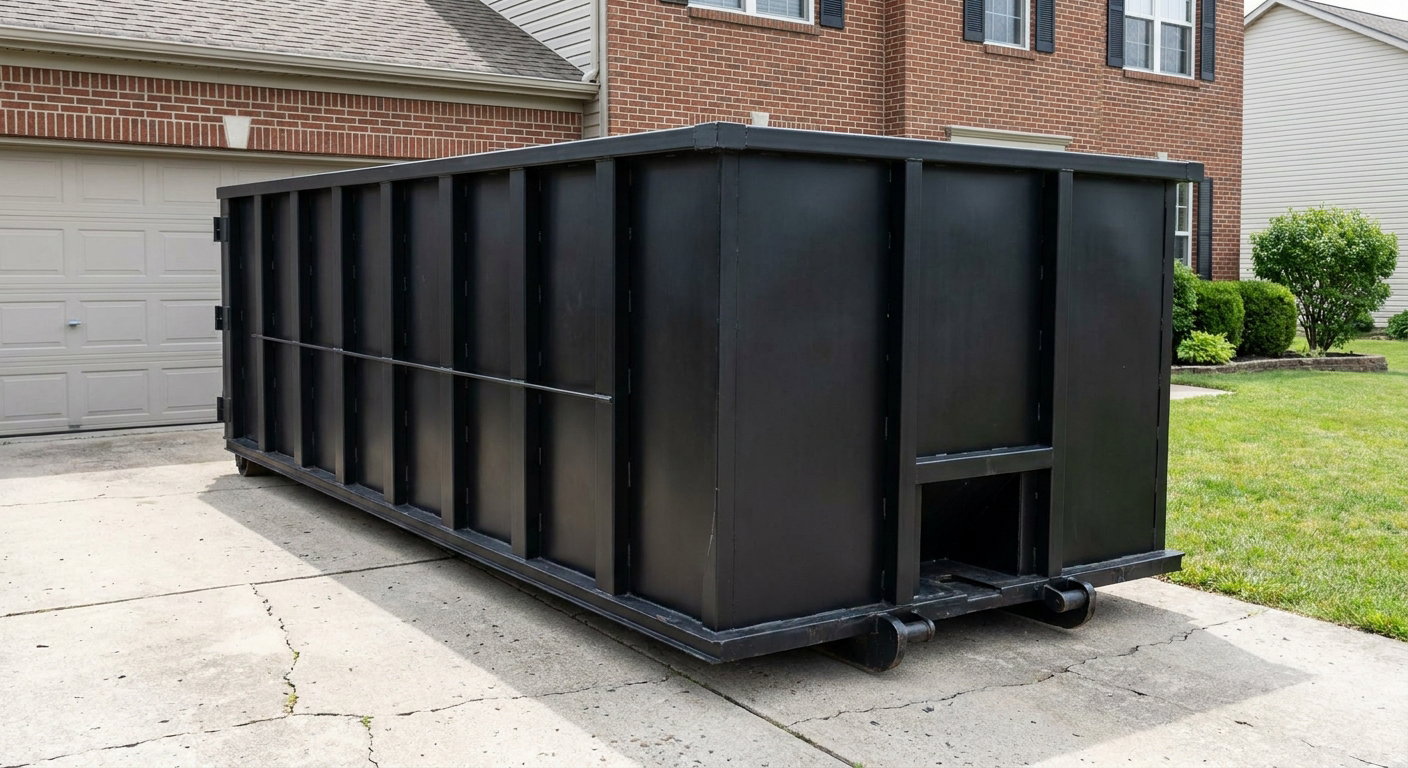 Matte-black 20-yard roll-off container on a San Marcos residential concrete driveway with reinforced ribbed steel sidewalls and a hinged rear walk-in door, clean bright daylight.