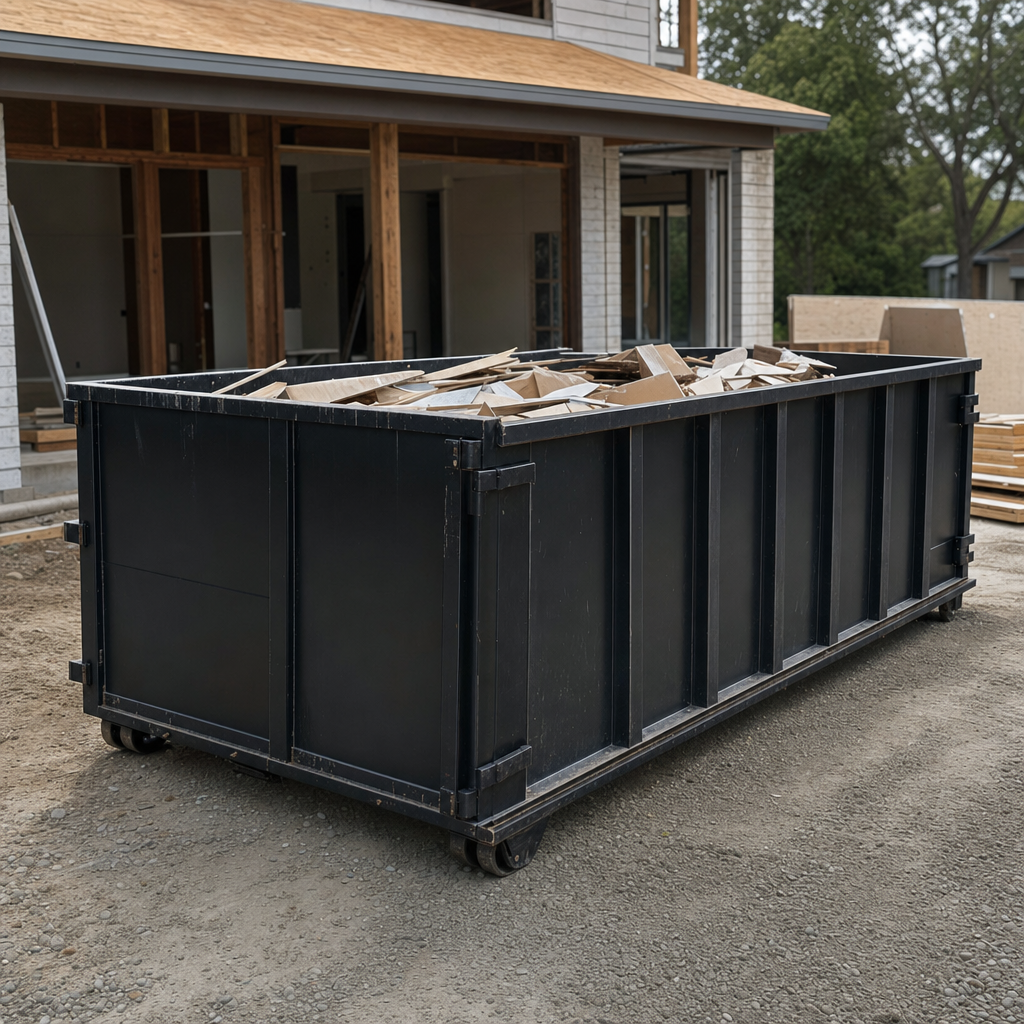 Large matte-black 30-yard construction roll-off dumpster at an active San Marcos jobsite, steel-gray top rails and bottom rollers visible, loaded with construction debris.