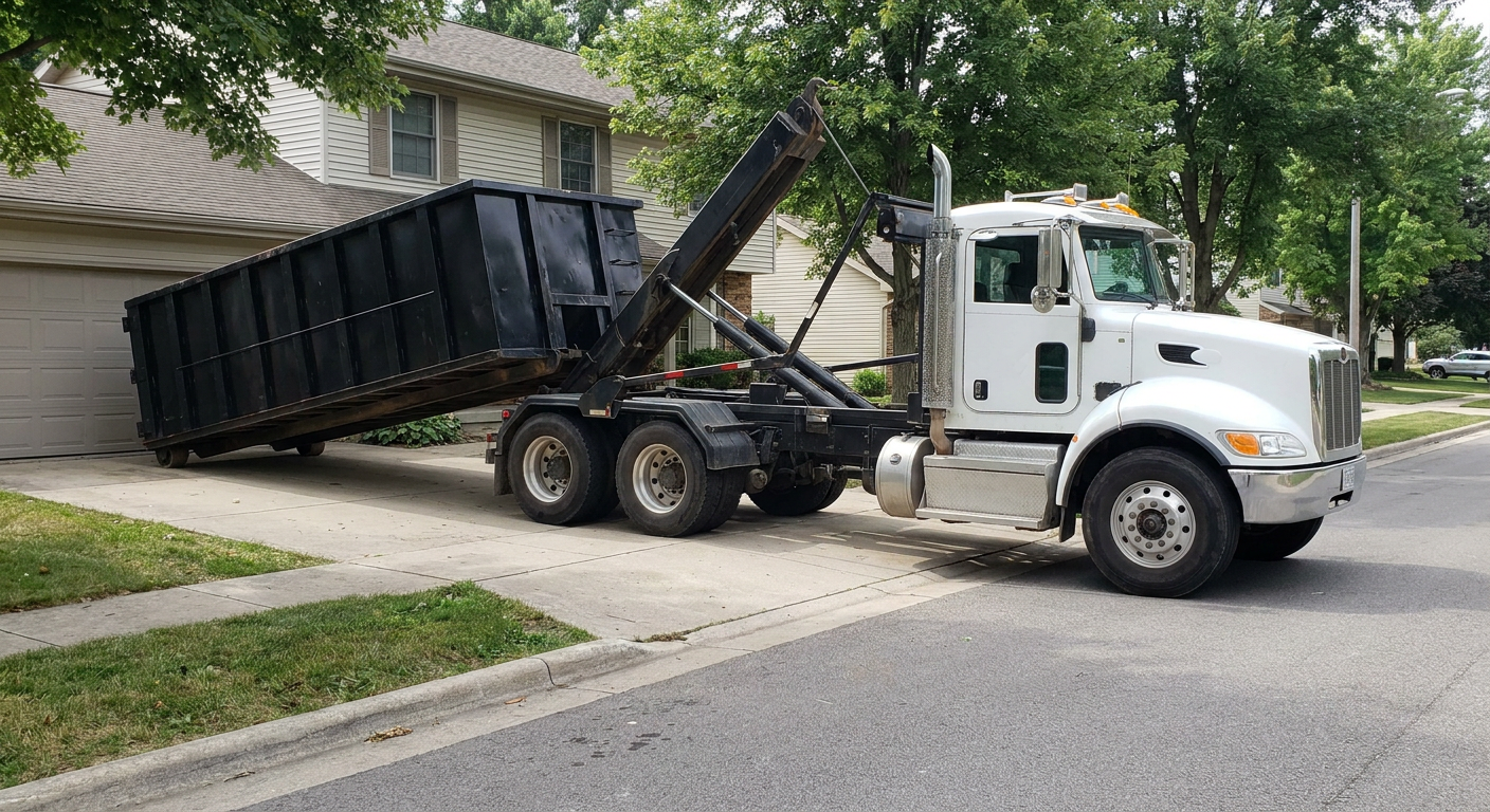 White-cab hooklift roll-off truck actively lowering a matte-black dumpster onto a San Marcos residential concrete driveway, the dumpster's rear wheels touching the driveway as the hoist arm tilts the bed forward, mid-morning daylight.