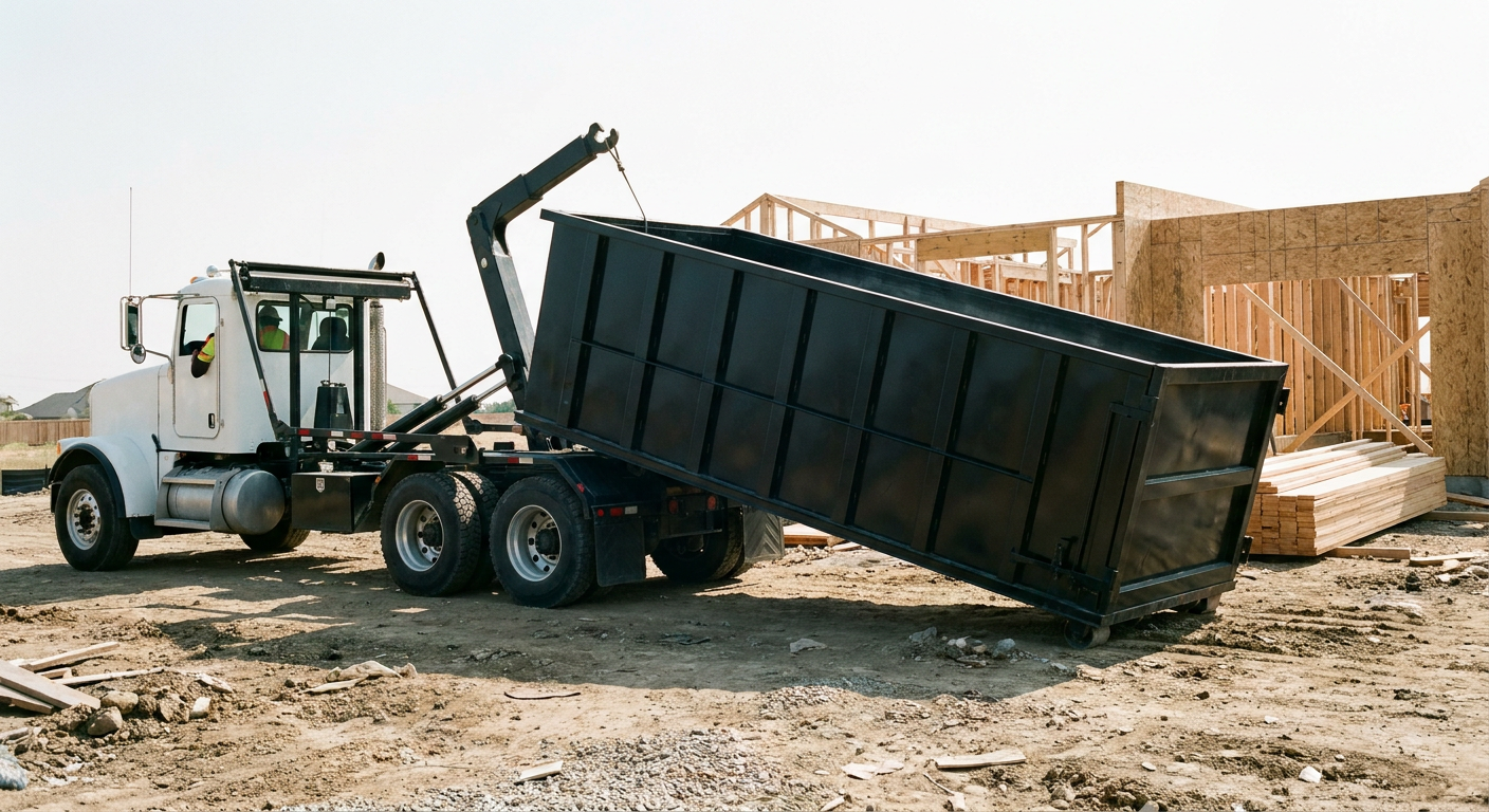 Matte-black roll-off dumpster being delivered onto a clean residential concrete driveway in San Marcos by an unmarked white hooklift hauler truck, bright morning daylight, documentary 35mm perspective.